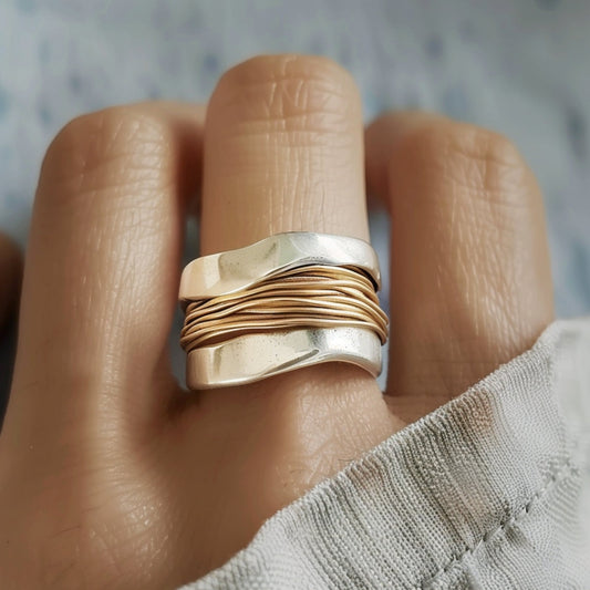 Silver Golden Threads Ring-EllyBoutique