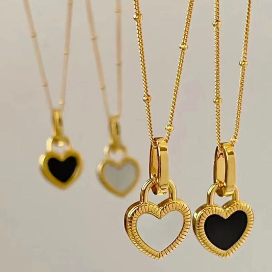 Black and White Heart Pendant Necklace in Gold-EllyBoutique