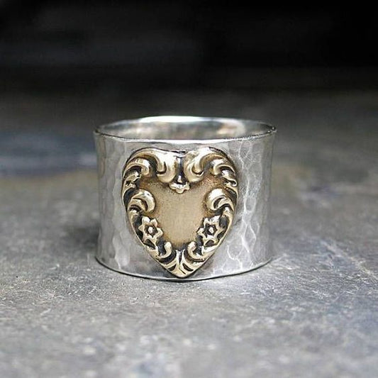 Vintage Silver Golden Heart Ring-EllyBoutique