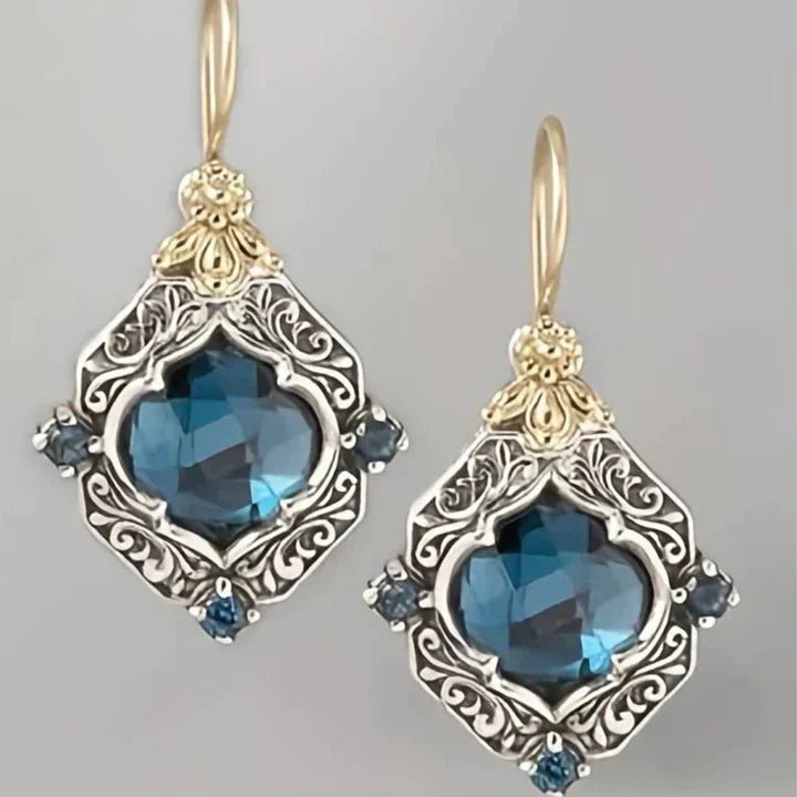 Vintage Blue Crystal Gold Earrings-EllyBoutique