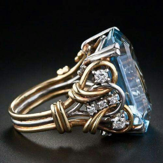 Vintage Blue Zirconia Layered Gold Ring-EllyBoutique