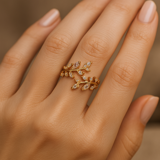 Gold Sparkling Leaf Branch Adjustable Ring-EllyBoutique