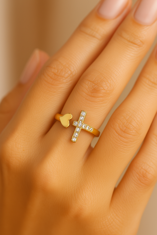 Gold Religious Cross Heart Resizable Ring-EllyBoutique