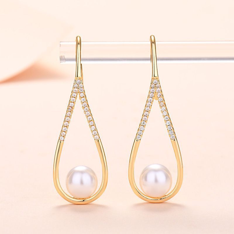 Pearl and Zirconia Pendant Earrings in Gold-EllyBoutique