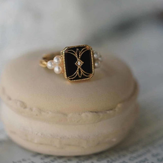 Adjustable Black Enamel Ring with Pearls in Gold-EllyBoutique