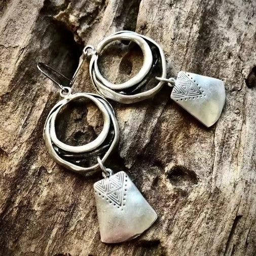 Vintage Silver Hanging Square Carving Dangle Earrings-EllyBoutique