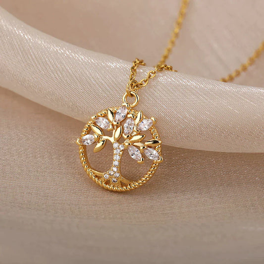 Tree of Life Necklace with Zirconia in Gold-EllyBoutique
