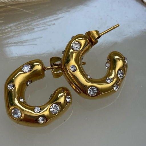 Vintage Gold Inlaid Crystals Earrings-EllyBoutique