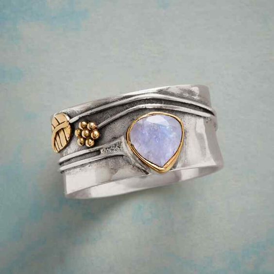 Vintage Moonstone Silver Gold Leaf Ring-EllyBoutique