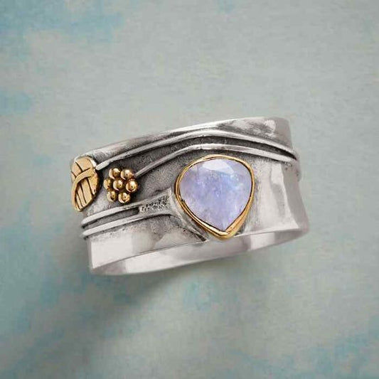 Vintage Moonstone Silver Gold Leaf Ring-EllyBoutique