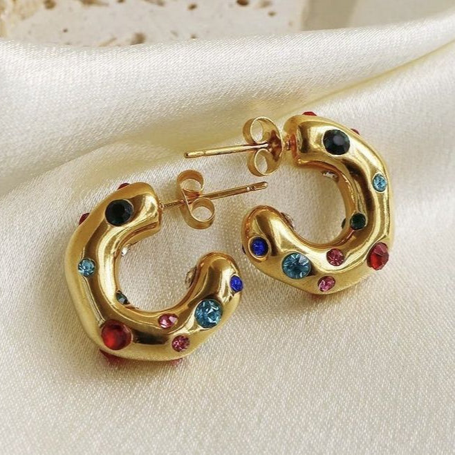 Vintage Gold Colorful Inlaid Crystals Earrings-EllyBoutique