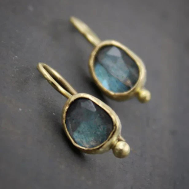 Vintage Blue Inlaid Stone Golden Earrings-EllyBoutique