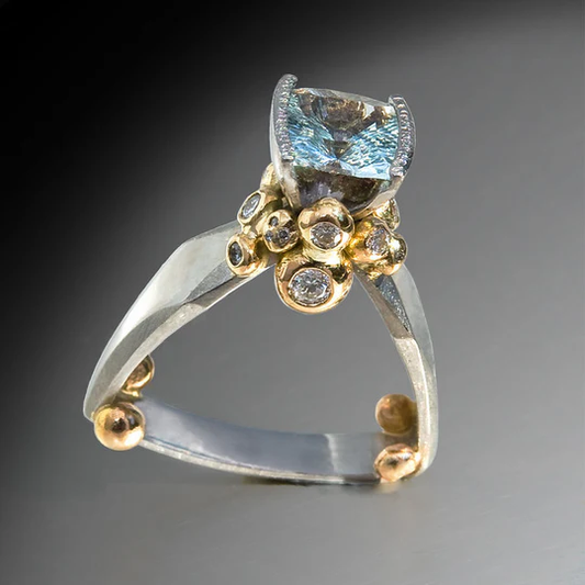 Vintage Blue Zirconia Gold & Silver Ring-EllyBoutique
