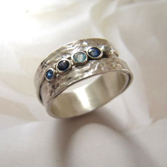 Vintage Silver Inlaid Blue Stones Ring-EllyBoutique