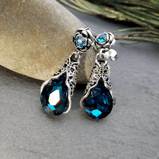 Vintage Blue Crystal Drop Silver Earrings-EllyBoutique
