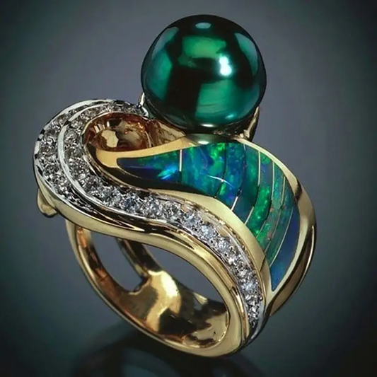 Vintage Green Pearl Zirconia Ring-EllyBoutique