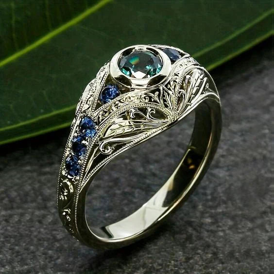 Vintage Blue Green Silver Bright Ring-EllyBoutique