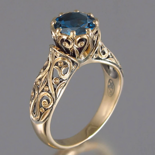 Vintage Blue Crystal Glden Hollow Ring-EllyBoutique