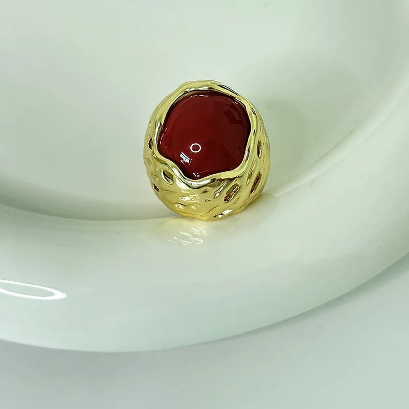 Vintage Textured Gold & Red Stone Adjustable Ring-EllyBoutique