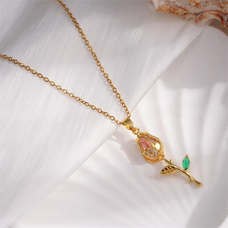 Vintage Gold Pink Tulip Pendant Necklace-EllyBoutique
