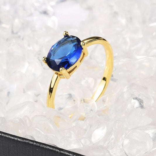 Vintage Gold Oval Blue Gemstone & Sleek Ring-EllyBoutique