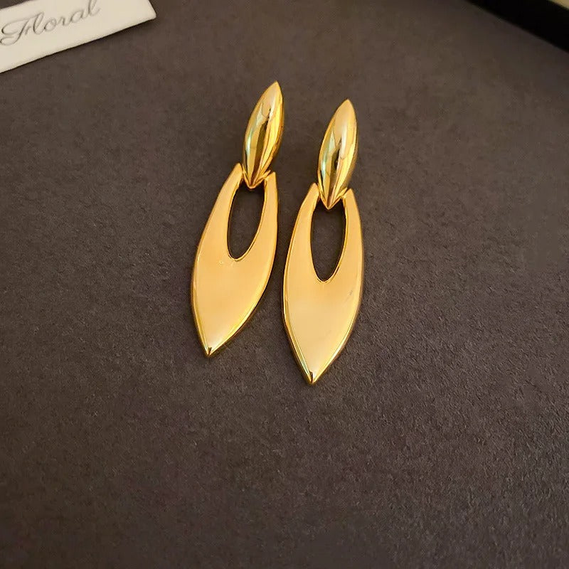Classic Gold Sleek Leaf Shape Drop Earrings-EllyBoutique