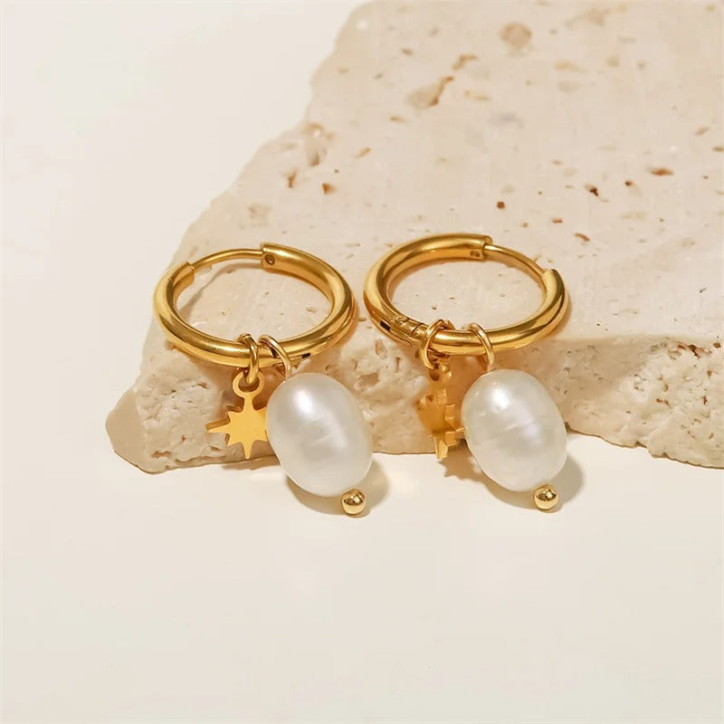 Vintage Gold Star Charm & White Pearl Hoop Earrings-EllyBoutique