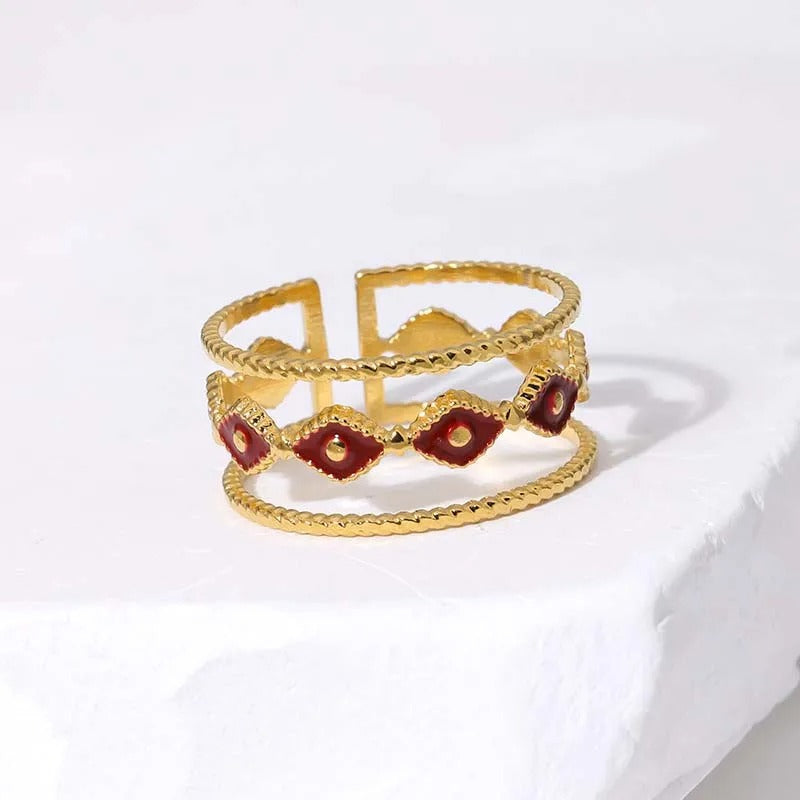 Gold Multi-Band Red Stone Adjustable Ring-EllyBoutique