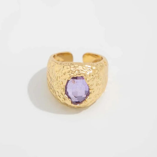 Gold Light Purple Gemstone Adjustable Ring-EllyBoutique