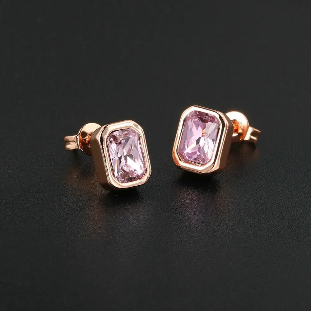 Classic Rose Gold Pink Rectangular-Cut Design Earrings-EllyBoutique