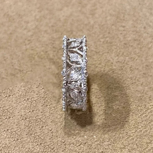 Vintage Silver & Diamond Carved Leaf Adjustable Ring-EllyBoutique