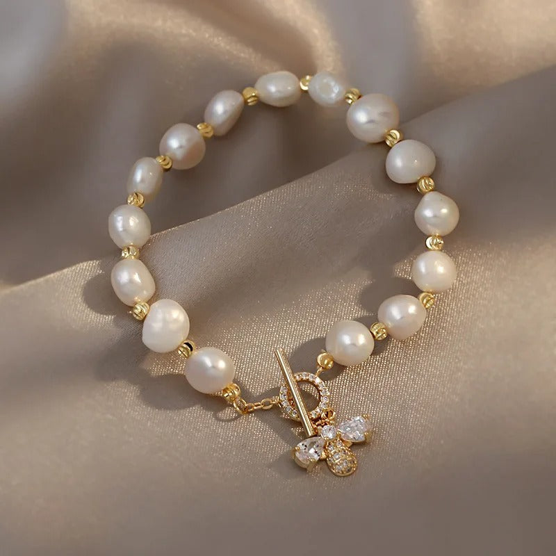 Gold & Pearl Crystal Butterfly Charm Bracelet-EllyBoutique