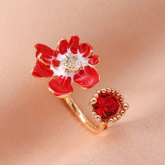 Vintage Red Flower & Radiant Red Gemstone Open Ring-EllyBoutique