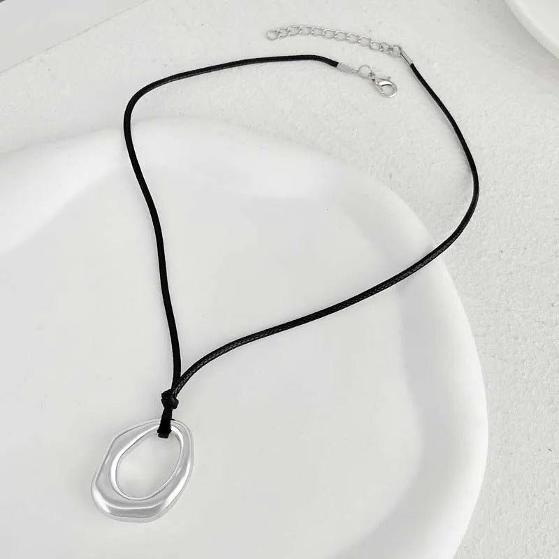 Silver Abstract Shape Pendant & Black Cord Necklace-EllyBoutique
