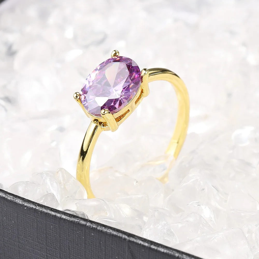 Gold Radiant Oval Purple Gem & Polished Band Ring-EllyBoutique