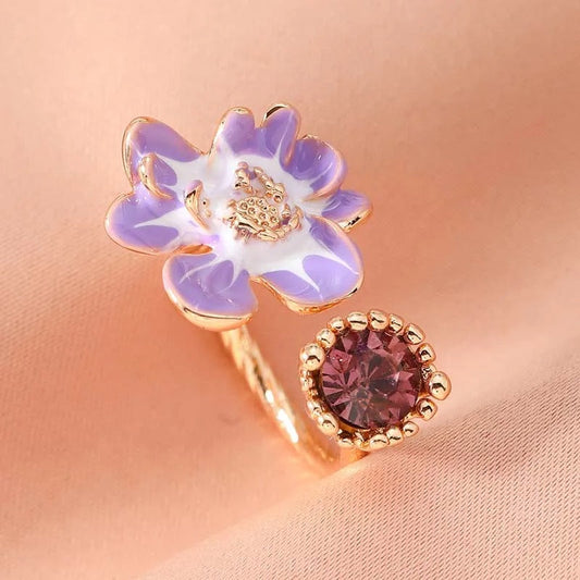 Vintage Purple Flower & Lavender Gemstone Open Ring-EllyBoutique