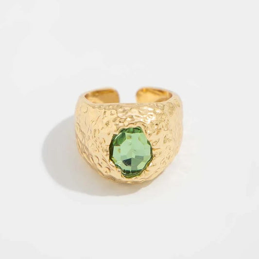 Gold Green Gemstone Textured Adjustable Ring-EllyBoutique