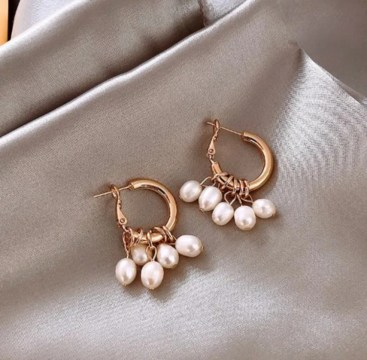 Vintage Gold & Pearl Drop Hoop Earrings-EllyBoutique