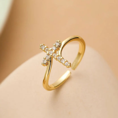 Gold Crystal Cross Resizable Ring-EllyBoutique