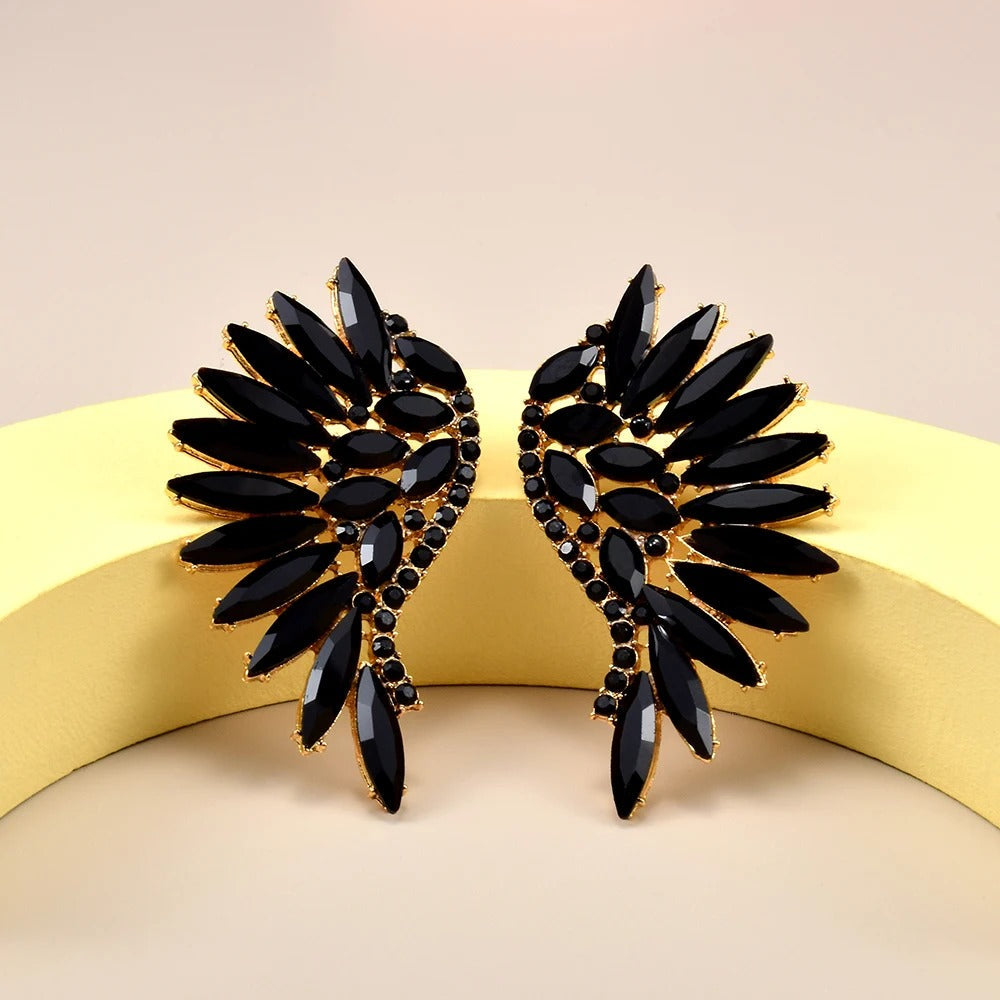 Vintage Black Wing Crystal Gold Earrings-EllyBoutique