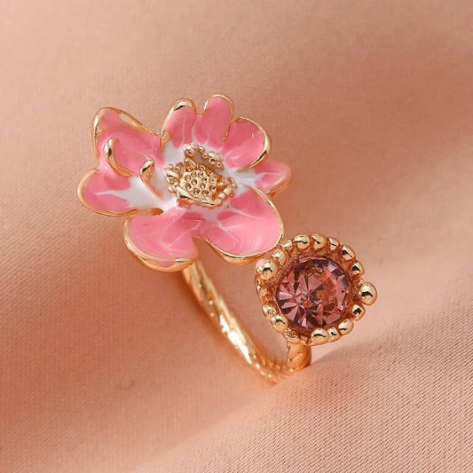 Vintage Pink Floral & Rose Gemstone Open Ring-EllyBoutique