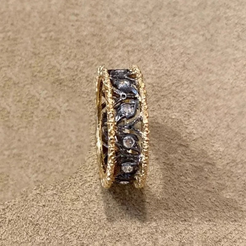 Vintage Gold & Black Carved Leaf Hollow Adjustable Ring-EllyBoutique