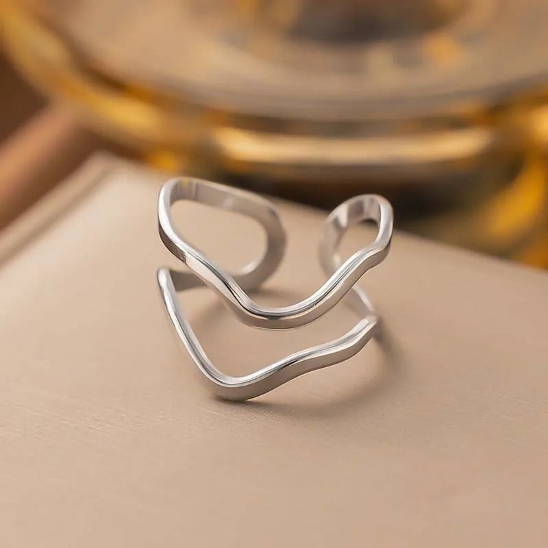 Sculptural Wavy Silver Design Open Ring-EllyBoutique