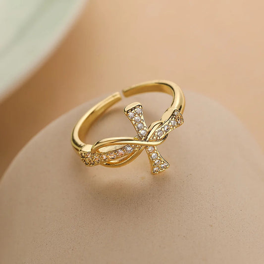Gold Twisted Cross Resizable Ring-EllyBoutique