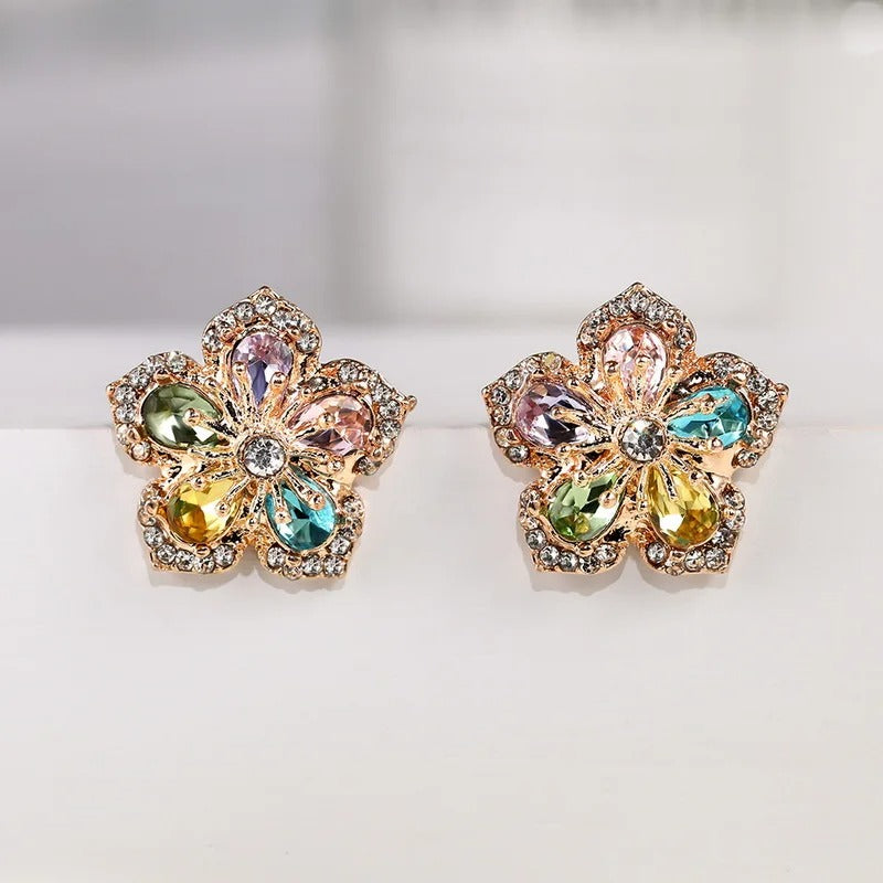Vintage Multicolor Crystal Flower Earrings-EllyBoutique