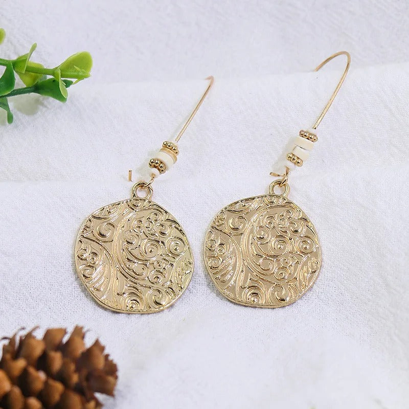 Vintage Gold Engraved Circle Earrings-EllyBoutique