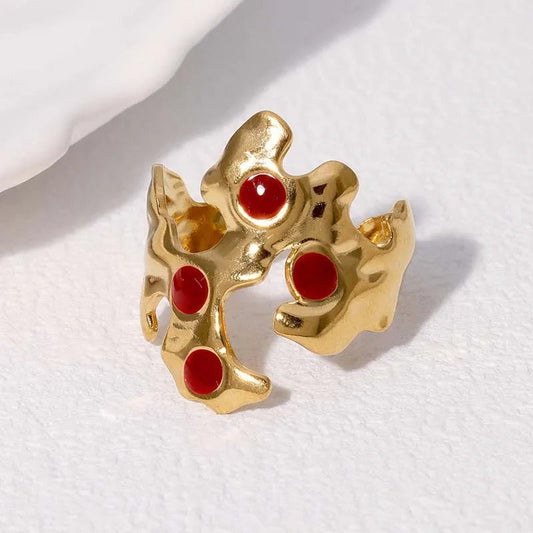 Vintage Gold Abstract Red Accent Adjustable Ring-EllyBoutique