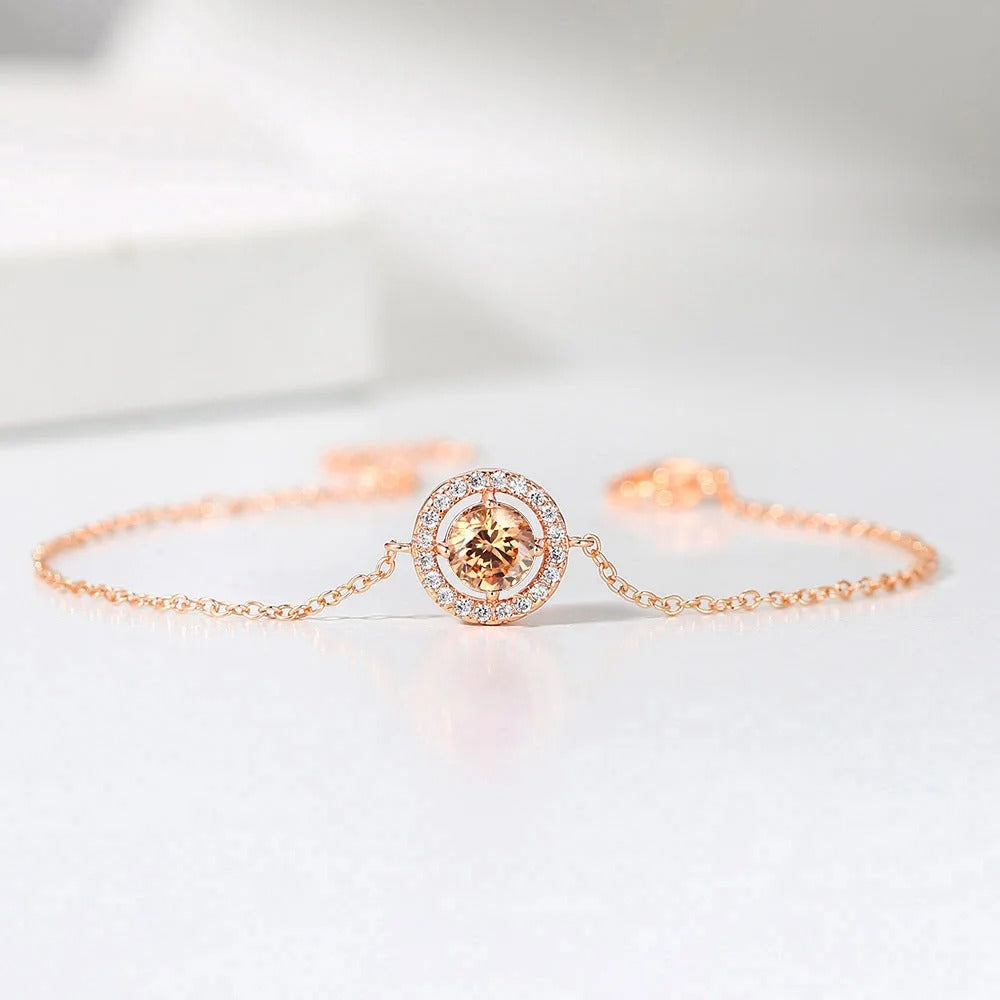 Classic Rose Gold Round Orange Gem & Sparkling Border Bracelet-EllyBoutique