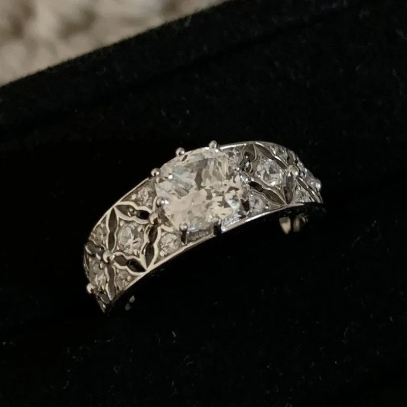 Vintage White Gold & Square Diamond Filigree Adjustable Ring-EllyBoutique