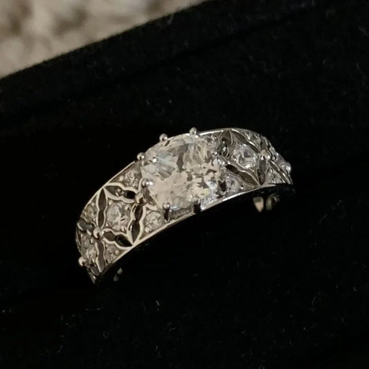 Vintage White Gold & Square Diamond Filigree Adjustable Ring-EllyBoutique
